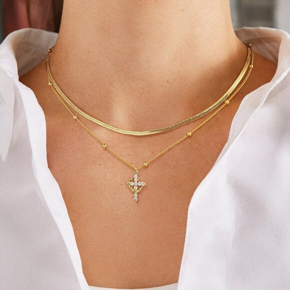 Women  Chain Set, Gold 14K Gold Plated Crown Cross Necklace - Non-Tarnish - Picture 2 of 6